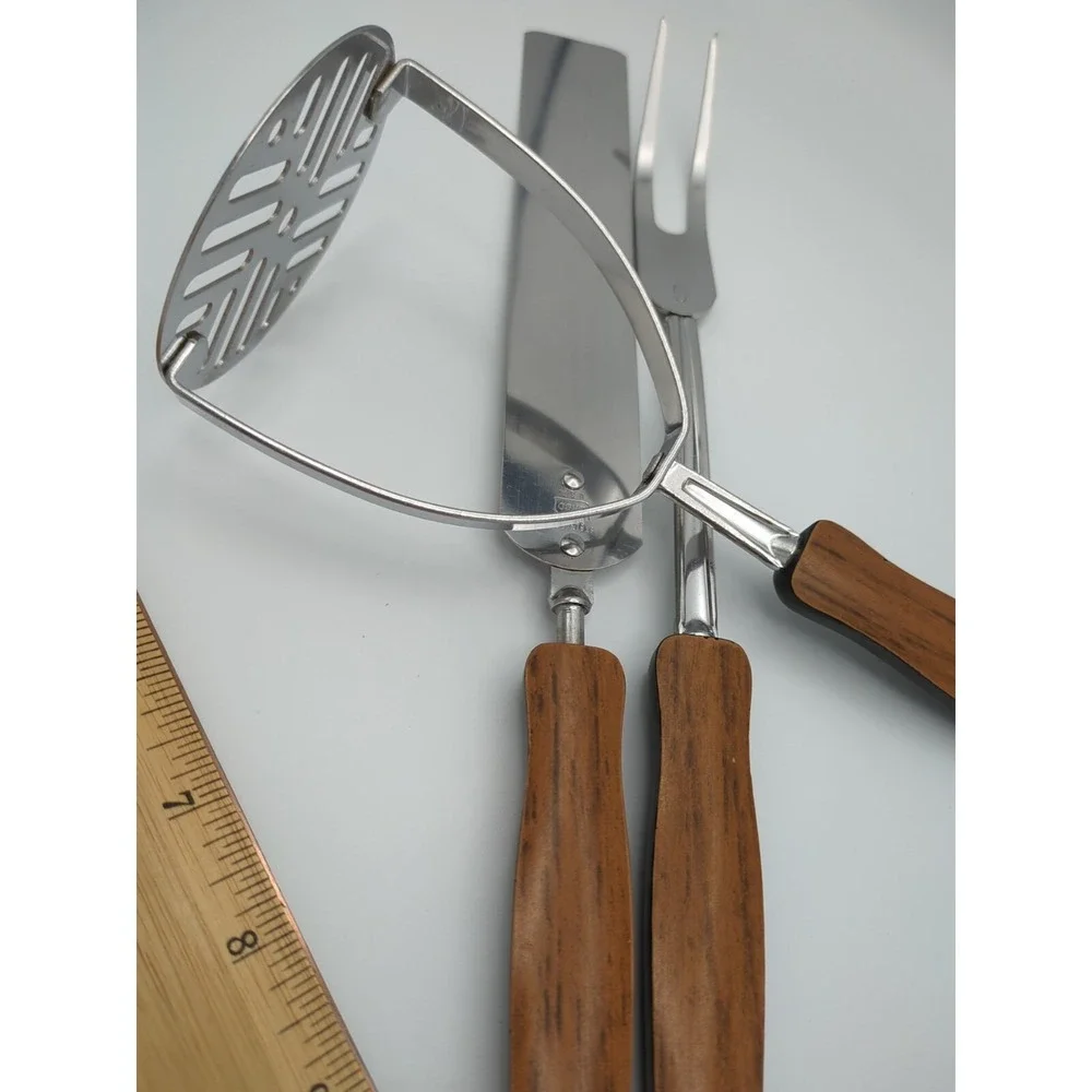 Vtg EKCO Stainless Cooking Utensils Woodgrain Faux Wood Set of 3 Retro USA